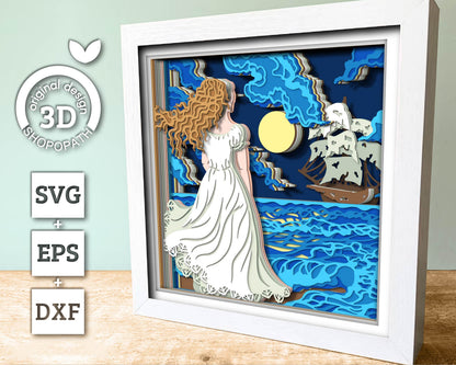 3D SVG Woman Looking At Ghost Ship Shadow Box, Ghost Ship 3D Svg, Sea 3d Svg, Ship 3D svg, Summer 3d Svg, Seascape 3d svg, Cricut Silhouette