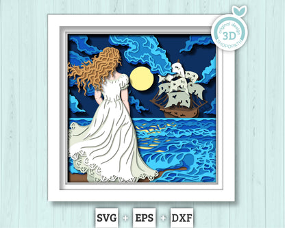 3D SVG Woman Looking At Ghost Ship Shadow Box, Ghost Ship 3D Svg, Sea 3d Svg, Ship 3D svg, Summer 3d Svg, Seascape 3d svg, Cricut Silhouette