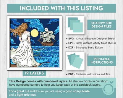 3D SVG Woman Looking At Ghost Ship Shadow Box, Ghost Ship 3D Svg, Sea 3d Svg, Ship 3D svg, Summer 3d Svg, Seascape 3d svg, Cricut Silhouette