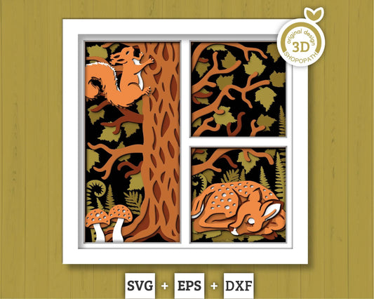3D SVG Woodland Animals Shadow Box, Layered Baby Deer SVG EPS, Fall Shadow Box, Autumn 3D Svg, Leaves Svg, Squirrel svg, Cricut Silhouette