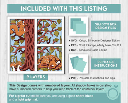 3D SVG Woodland Animals Shadow Box, Layered Baby Deer SVG EPS, Fall Shadow Box, Autumn 3D Svg, Leaves Svg, Squirrel svg, Cricut Silhouette