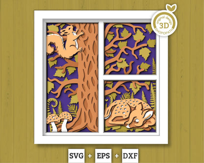 3D SVG Woodland Animals Shadow Box, Layered Baby Deer SVG EPS, Fall Shadow Box, Autumn 3D Svg, Leaves Svg, Squirrel svg, Cricut Silhouette