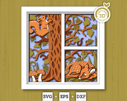 3D SVG Woodland Animals Shadow Box, Layered Baby Deer SVG EPS, Fall Shadow Box, Autumn 3D Svg, Leaves Svg, Squirrel svg, Cricut Silhouette