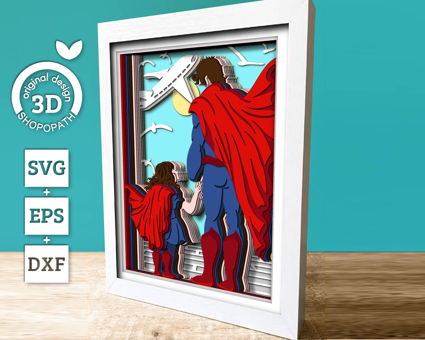 Superhero Father and Daughter 8x10 inch - 3D Shadow Box Layered SVG DXF EPS (Cutting Files)