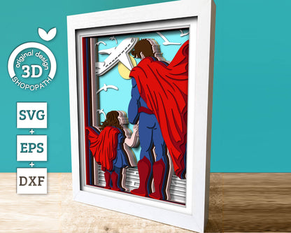 Superhero Father and Daughter 8x10 inch - 3D Shadow Box Layered SVG DXF EPS (Cutting Files)