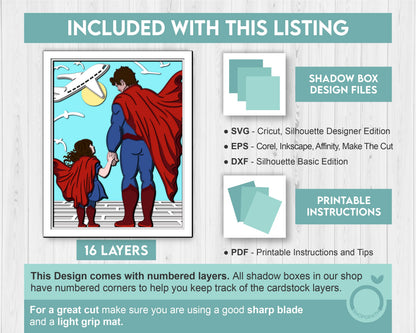 Superhero Father and Daughter 8x10 inch - 3D Shadow Box Layered SVG DXF EPS (Cutting Files)