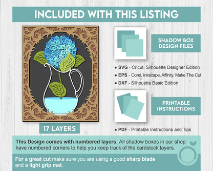 Hydrangea in Vase 8x10 inch - 3D Shadow Box Layered SVG DXF EPS (Cutting Files)