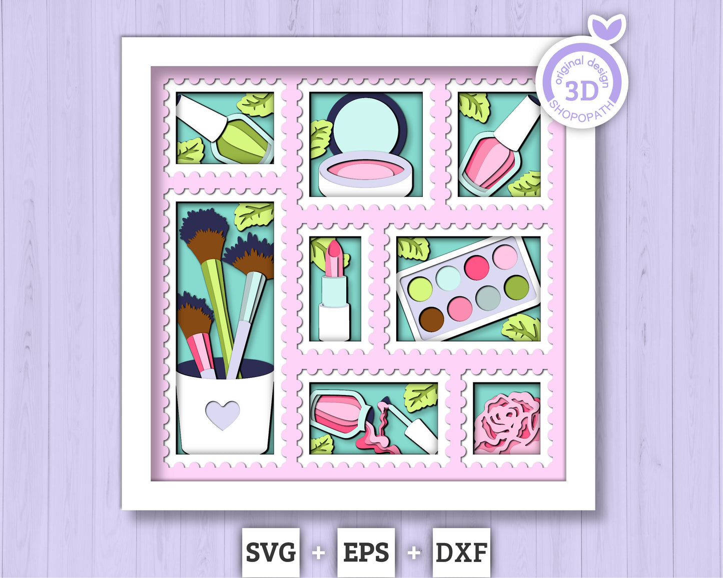 Makeup Tools with Rose Stamps - 3D Shadow Box Layered SVG DXF EPS (Cutting Files)