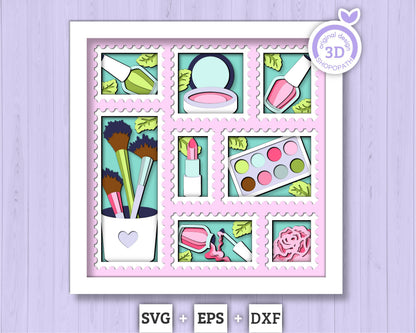 Makeup Tools with Rose Stamps - 3D Shadow Box Layered SVG DXF EPS (Cutting Files)