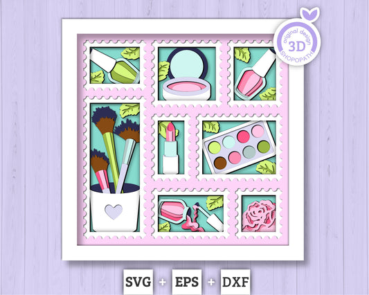Makeup Tools with Rose Stamps - 3D Shadow Box Layered SVG DXF EPS (Cutting Files)
