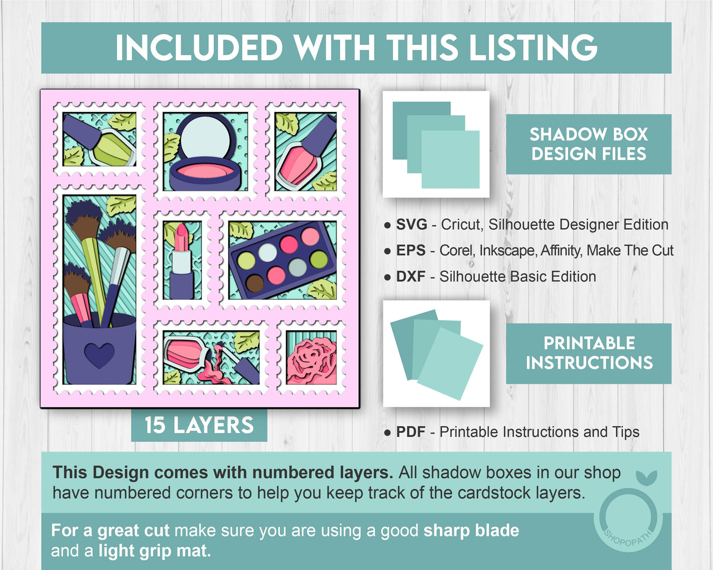 Makeup Tools with Rose Stamps - 3D Shadow Box Layered SVG DXF EPS (Cutting Files)
