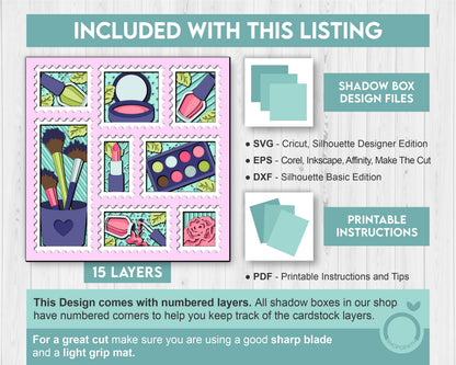 Makeup Tools with Rose Stamps - 3D Shadow Box Layered SVG DXF EPS (Cutting Files)