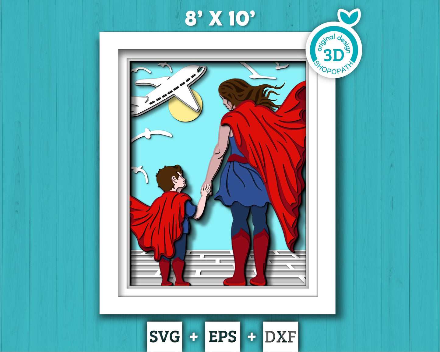 Superhero Mother and Son 8x10 inch - 3D Shadow Box Layered SVG DXF EPS (Cutting Files)
