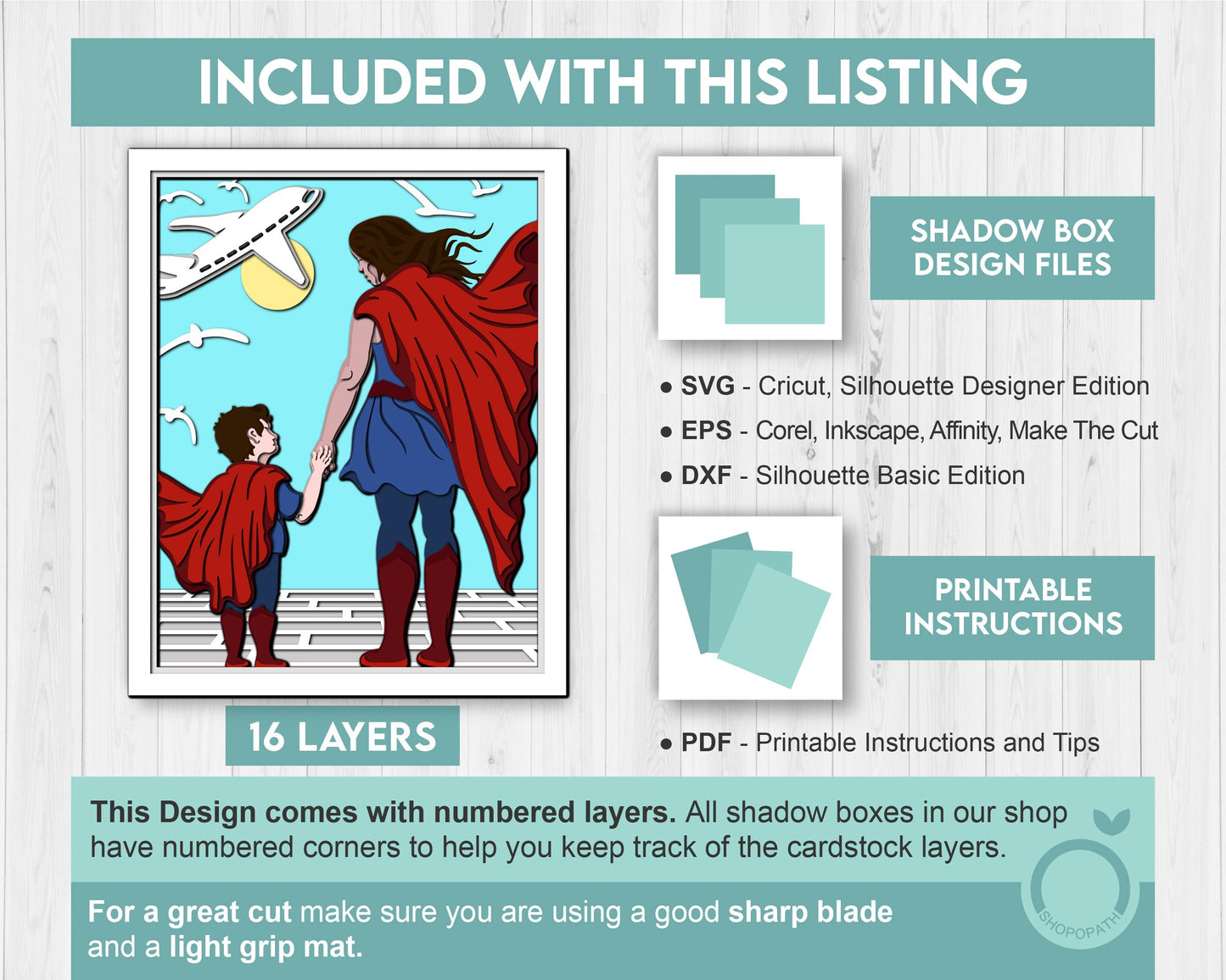 Superhero Mother and Son 8x10 inch - 3D Shadow Box Layered SVG DXF EPS (Cutting Files)