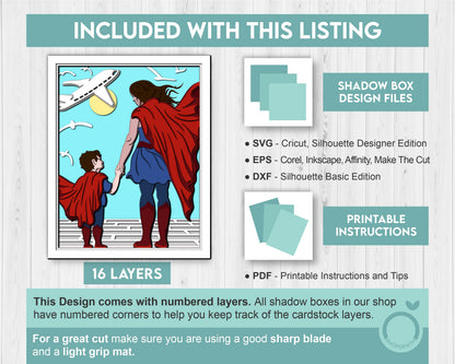 Superhero Mother and Son 8x10 inch - 3D Shadow Box Layered SVG DXF EPS (Cutting Files)