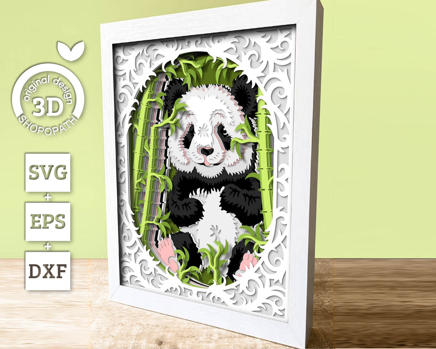 Panda with Bamboo Lace Frame 8x10 inch - 3D Shadow Box Layered SVG DXF EPS (Cutting Files)