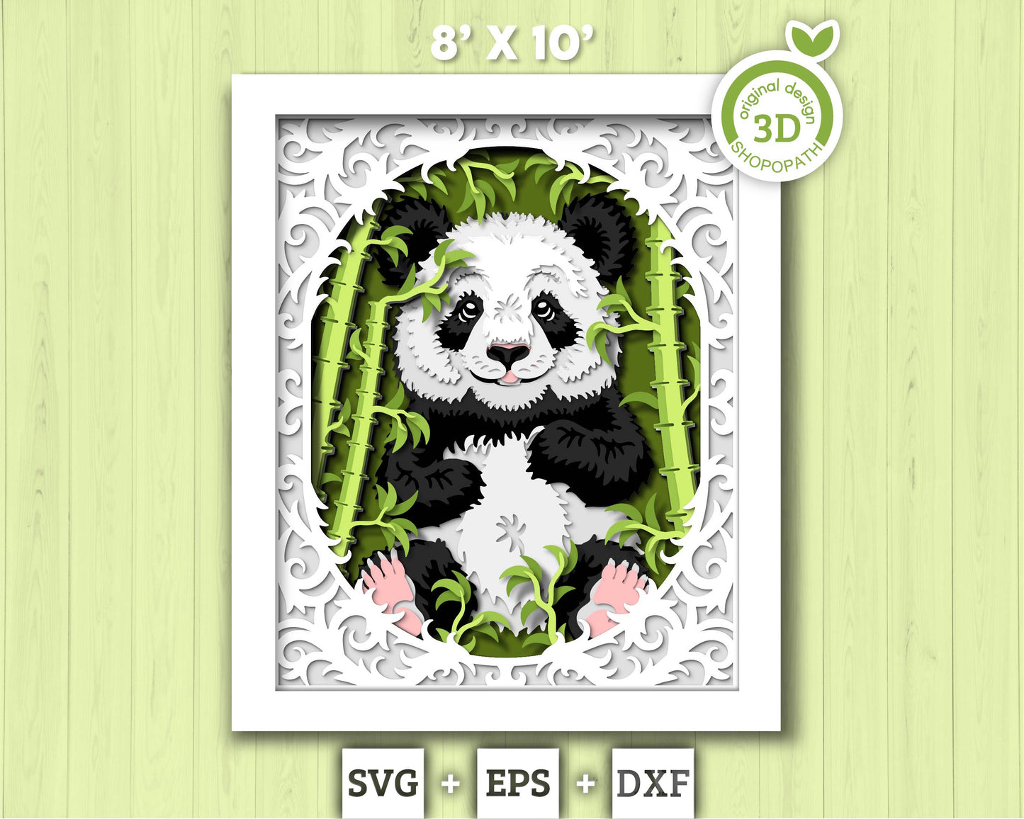 Panda with Bamboo Lace Frame 8x10 inch - 3D Shadow Box Layered SVG DXF EPS (Cutting Files)