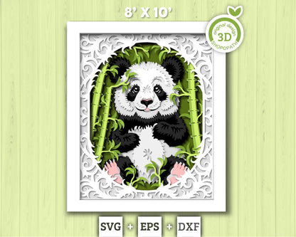 Panda with Bamboo Lace Frame 8x10 inch - 3D Shadow Box Layered SVG DXF EPS (Cutting Files)