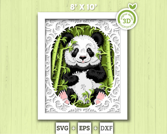 Panda with Bamboo Lace Frame 8x10 inch - 3D Shadow Box Layered SVG DXF EPS (Cutting Files)