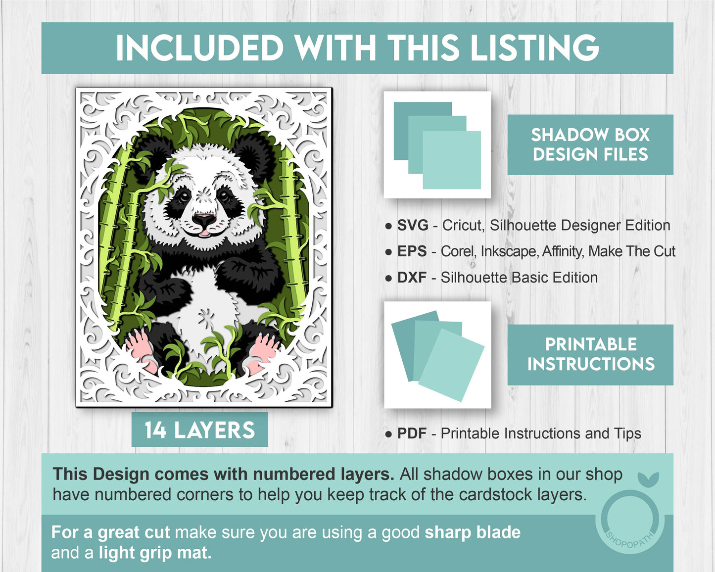 Panda with Bamboo Lace Frame 8x10 inch - 3D Shadow Box Layered SVG DXF EPS (Cutting Files)
